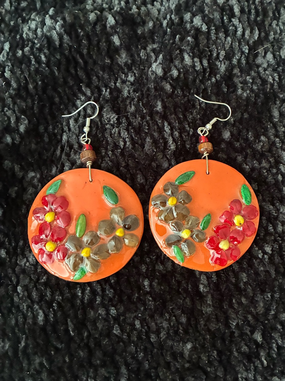 Handcrafted Orange Floral Drop Earrings with Red and Brown Flowers